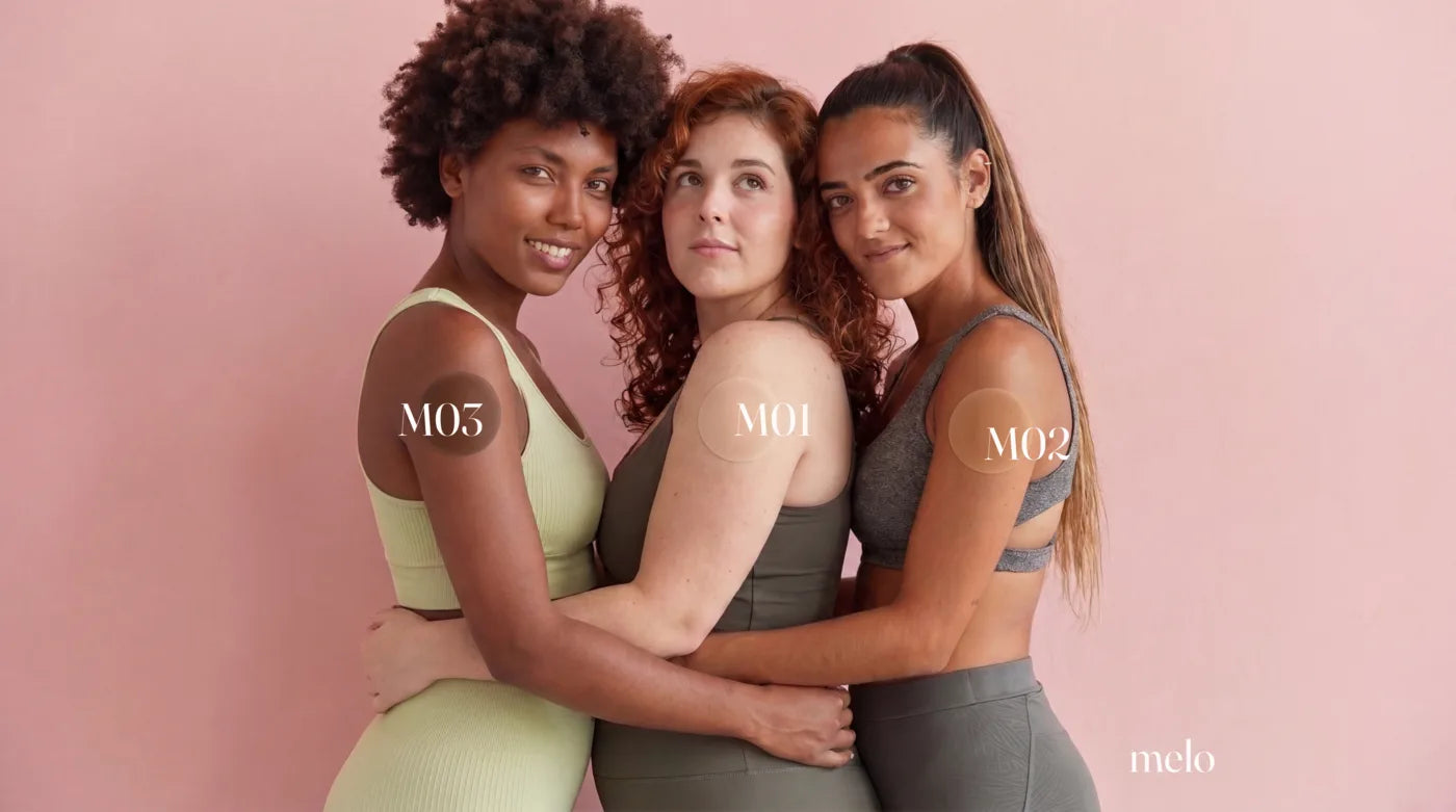 three women across a range of skin tones, each with an M03, M01 and M02 shade swatch on the arm